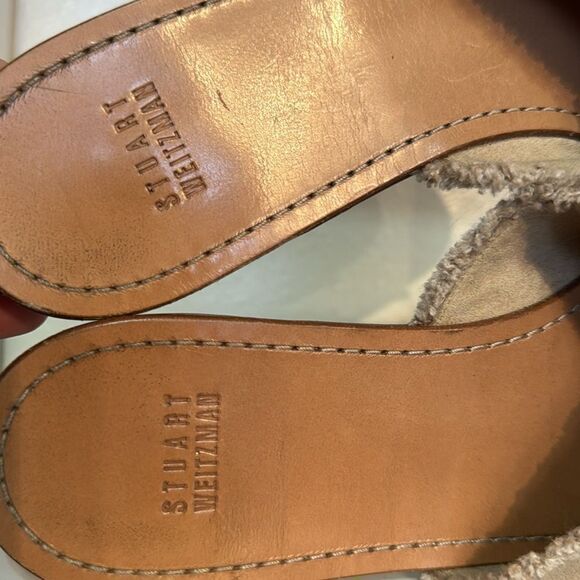 Stuart Weitzman Suede Crossover Slide Sandals Taupe Fringe Trim Minimalist - Picture 12 of 15